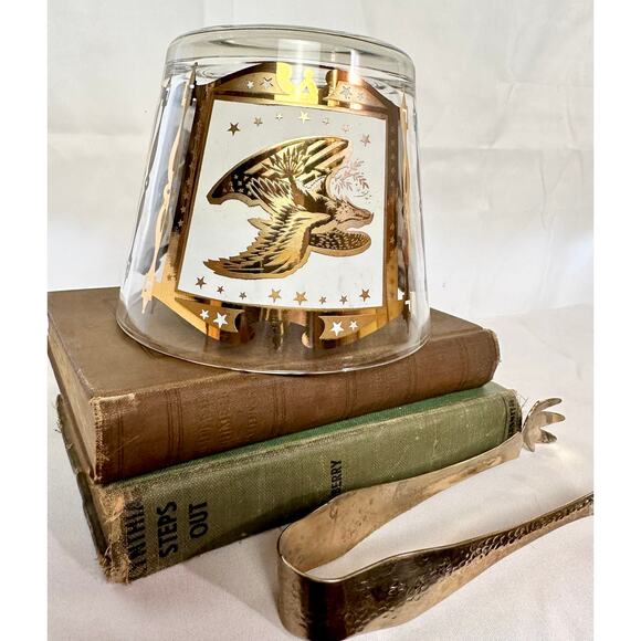 Vintage Glass Ice Bucket Gold Eagle pattern Gold holder and tongs - Picture 10 of 10